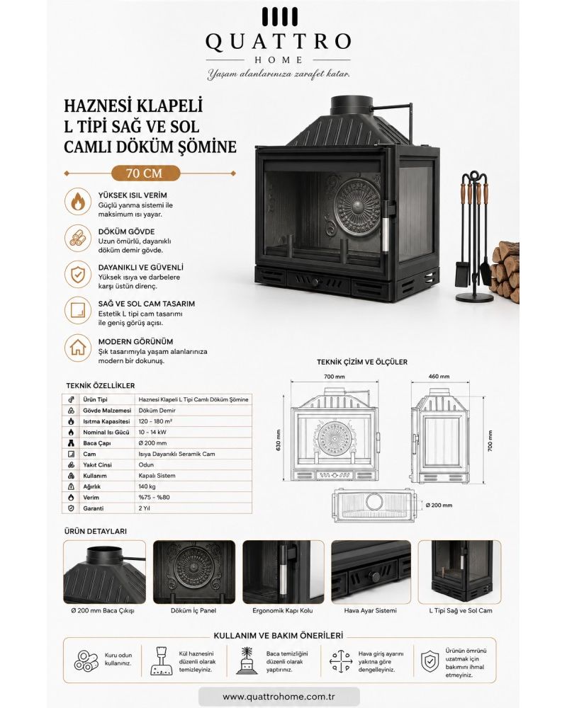 Quattro Home 70 cm Haznesi Klapeli L Tipi Sağ ve Sol Camlı Döküm Şömine Haznesi –