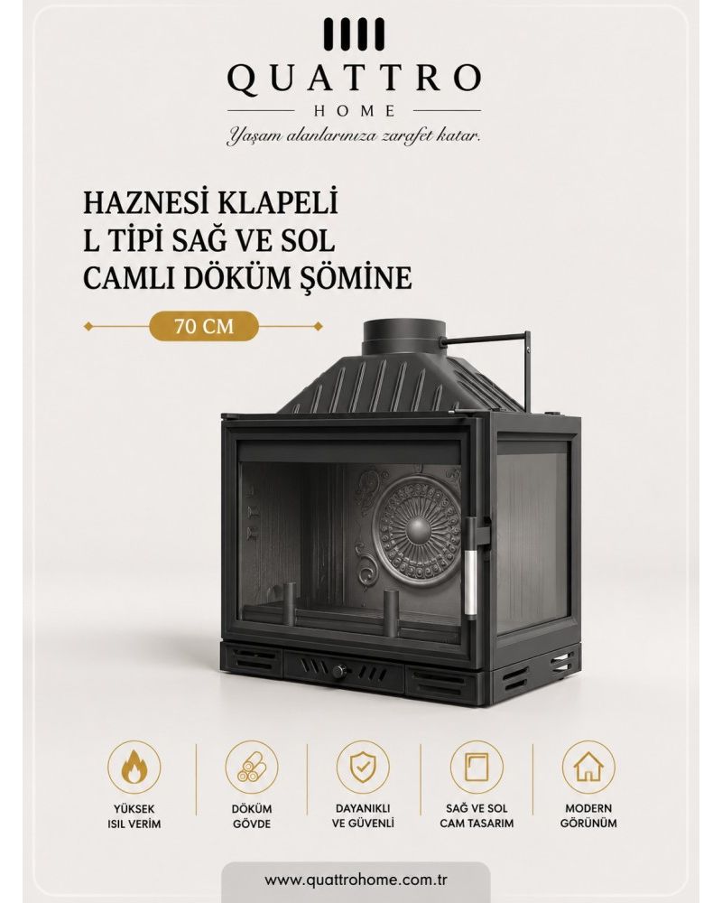 Quattro Home 70 cm Haznesi Klapeli L Tipi Sağ ve Sol Camlı Döküm Şömine Haznesi –