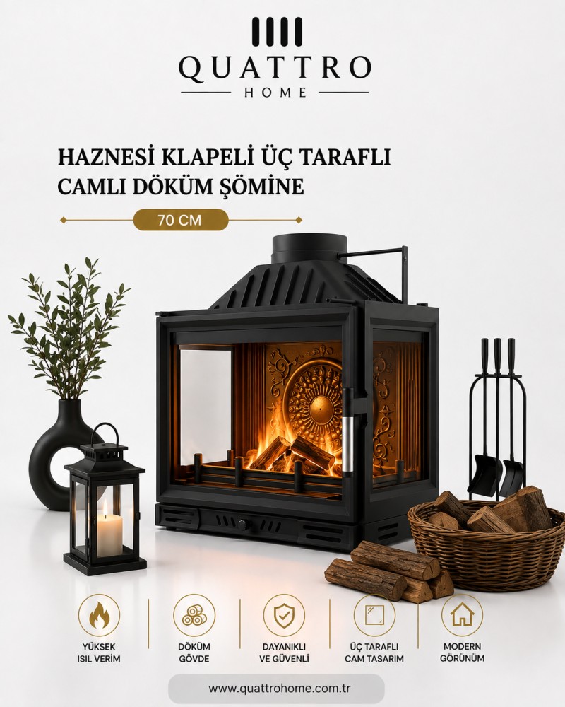 Quattro Home 70 cm Haznesi Klapeli Üç Tarafı Camlı Döküm Şömine Haznesi – 10-14 kW