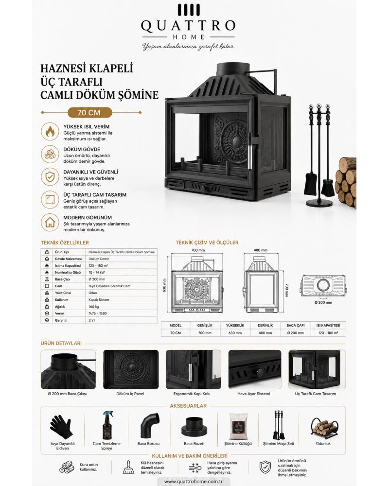 Quattro Home 70 cm Haznesi Klapeli Üç Tarafı Camlı Döküm Şömine Haznesi – 10-14 kW