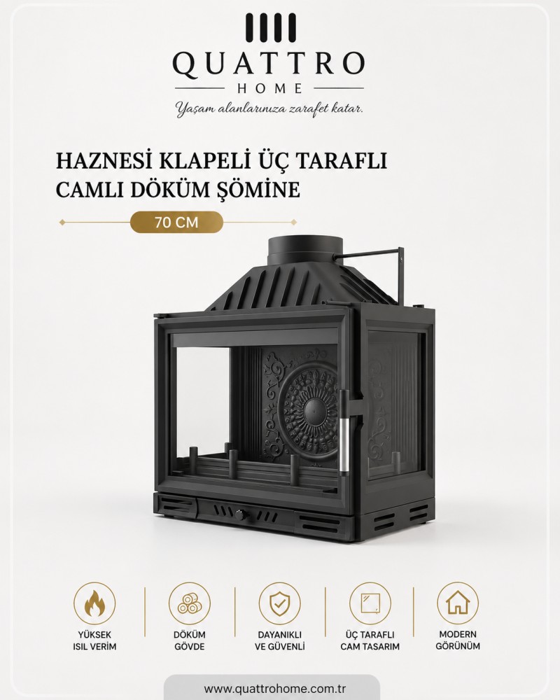 Quattro Home 70 cm Haznesi Klapeli Üç Tarafı Camlı Döküm Şömine Haznesi – 10-14 kW