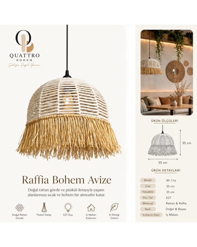 Raffia Bohem Avize 35x35 cm Doğal Rattan ve Rafya Püsküllü Sarkıt Avize