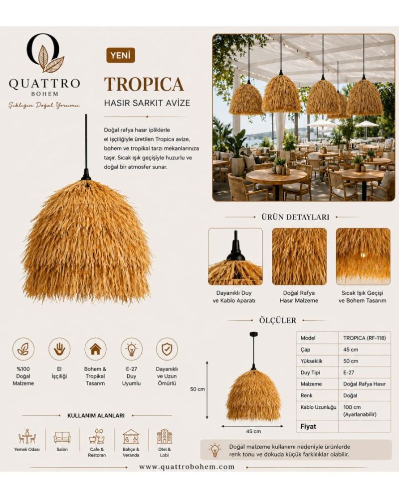 Tropica Hasır Sarkıt Avize 45x50 cm Doğal Rafya Bohem ve Tropikal Aydınlatma