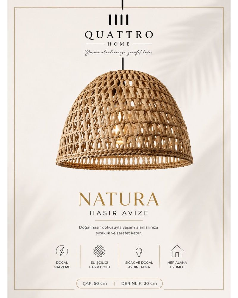 Natura Doğal Hasır Avize 50 cm El İşçiliği Bohem Sarkıt Aydınlatma