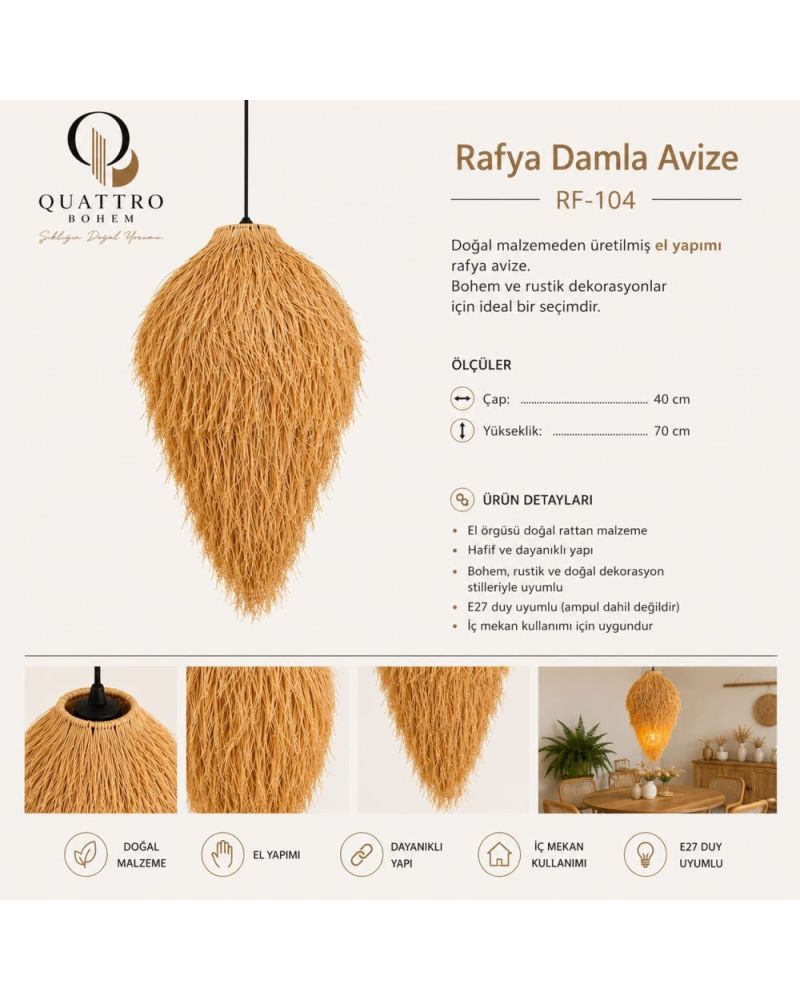Rafya Damla Avize 40x70 cm Doğal Rattan El Yapımı Bohem Sarkıt Aydınlatma