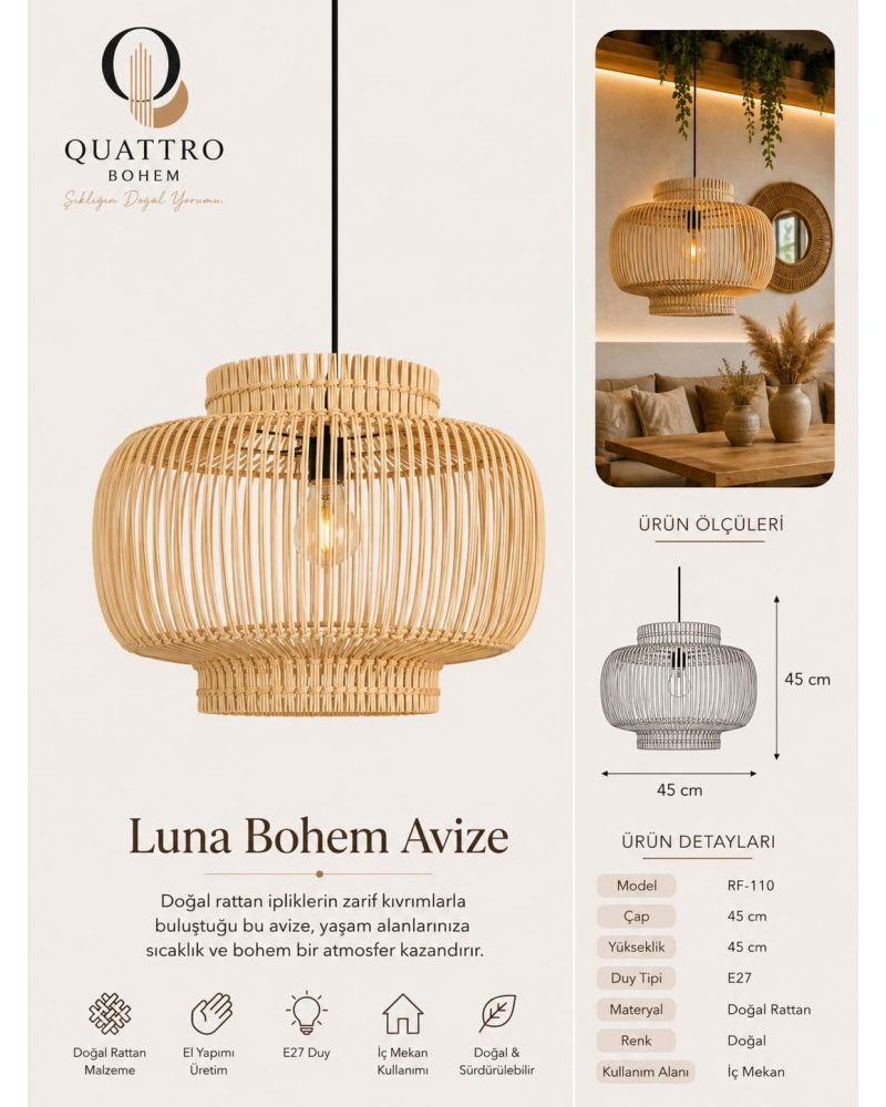 Luna Bohem Avize 45x45 cm Doğal Rattan El Yapımı Sarkıt Aydınlatma