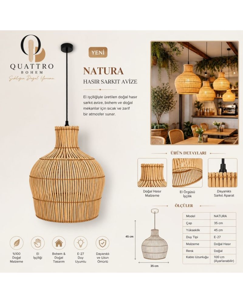 Natura Hasır Sarkıt Avize 35x45 cm Doğal Hasır El İşçiliği Bohem Aydınlatma