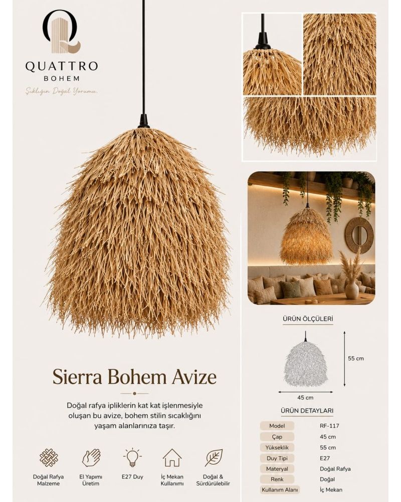 Sierra Bohem Avize 45x55 cm Doğal Rafya El Yapımı Sarkıt Aydınlatma