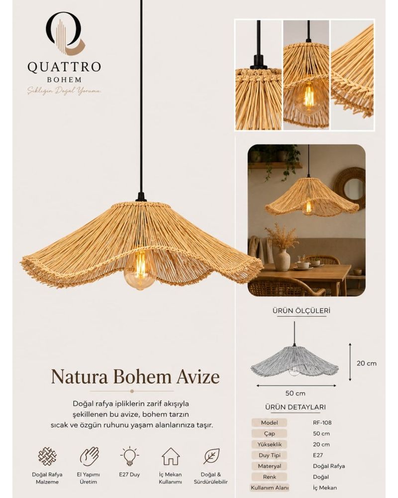 Maris Bohem Avize 50x20 cm Doğal Rafya El Yapımı Sarkıt Aydınlatma