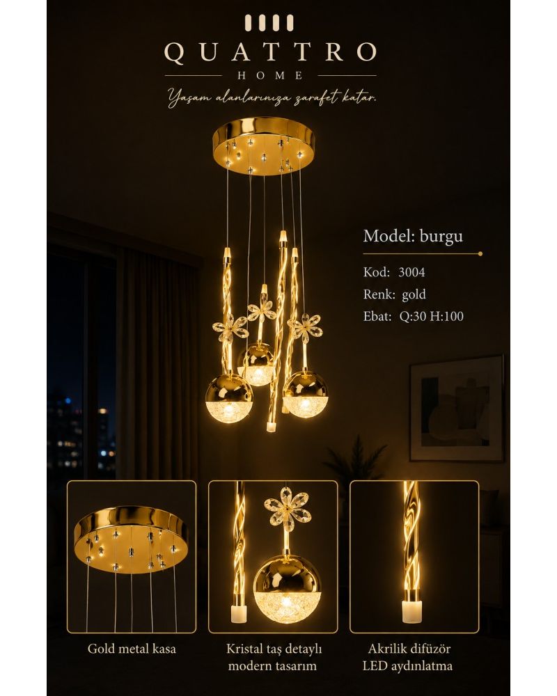 Burgu 3’lü LED Sarkıt Avize Gold Kristal Taş Detaylı Modern Tasarım 30 cm