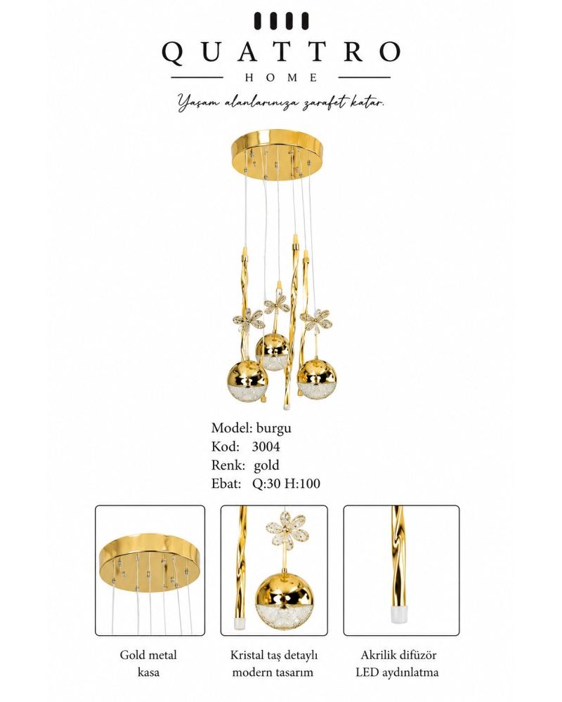 Burgu 3’lü LED Sarkıt Avize Gold Kristal Taş Detaylı Modern Tasarım 30 cm