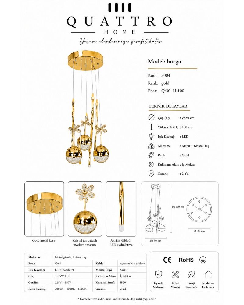 Burgu 3’lü LED Sarkıt Avize Gold Kristal Taş Detaylı Modern Tasarım 30 cm