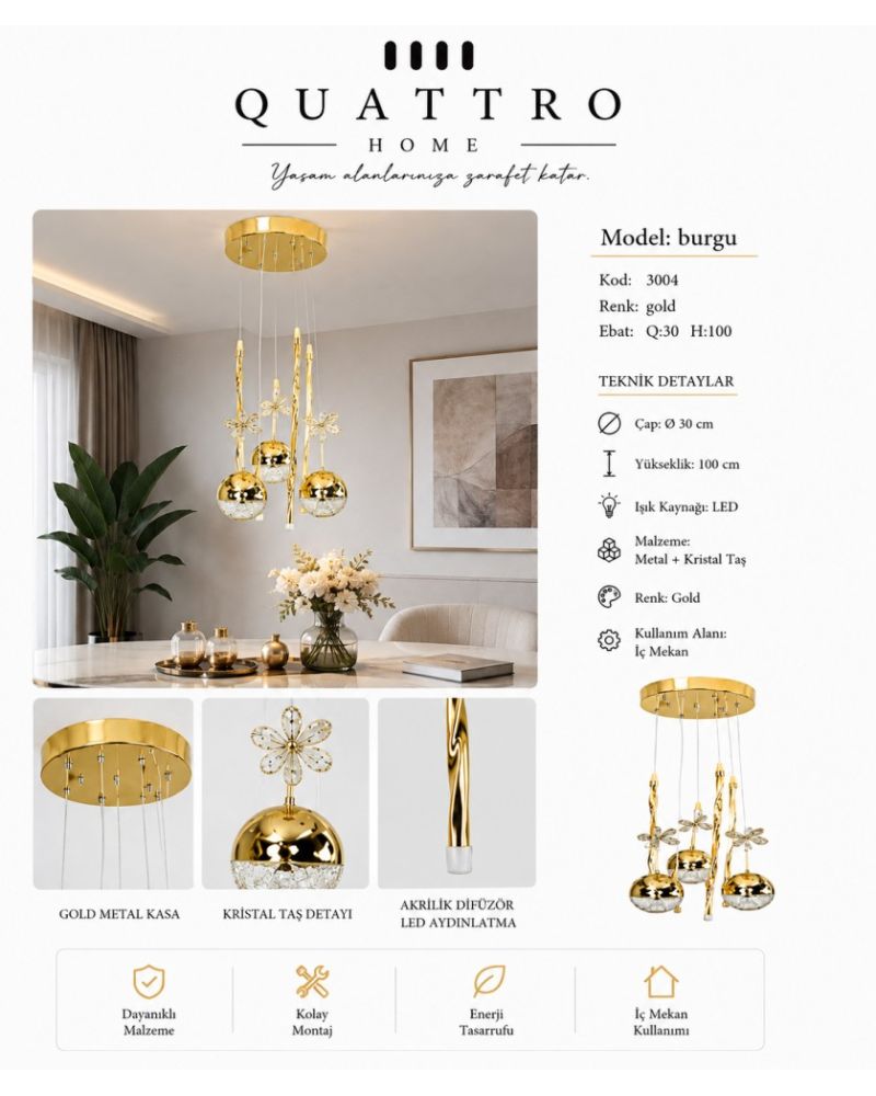 Burgu 3’lü LED Sarkıt Avize Gold Kristal Taş Detaylı Modern Tasarım 30 cm