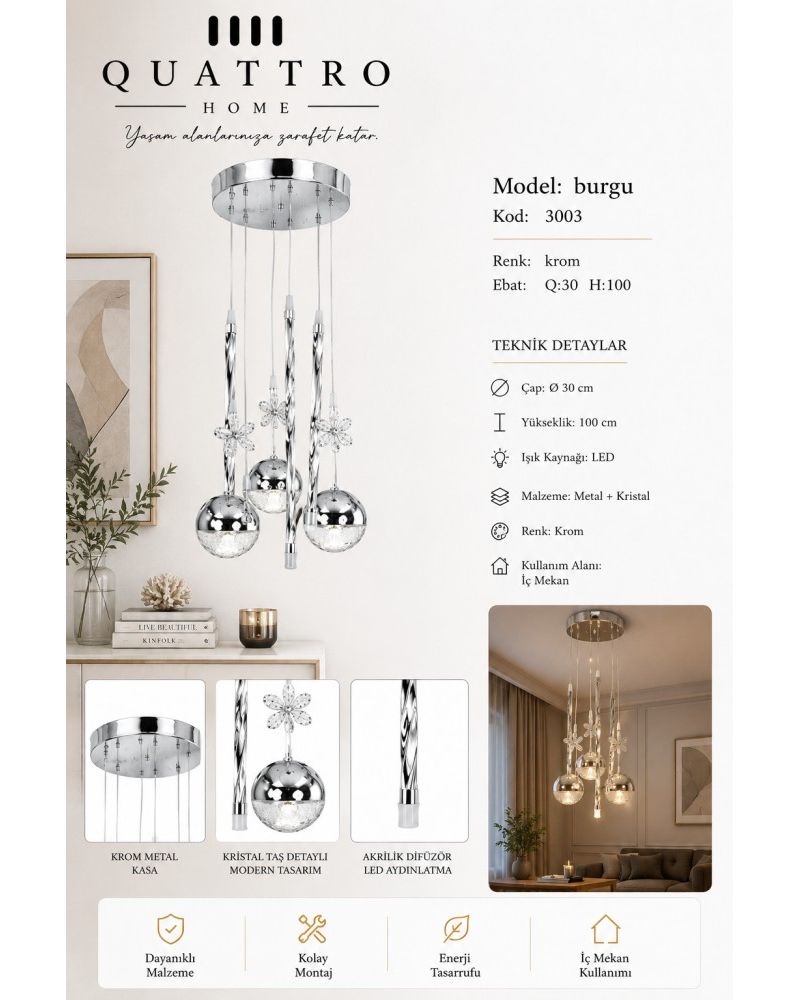 Burgu LED Sarkıt Avize Krom Kristal Taş Detaylı Modern Tasarım 30 cm
