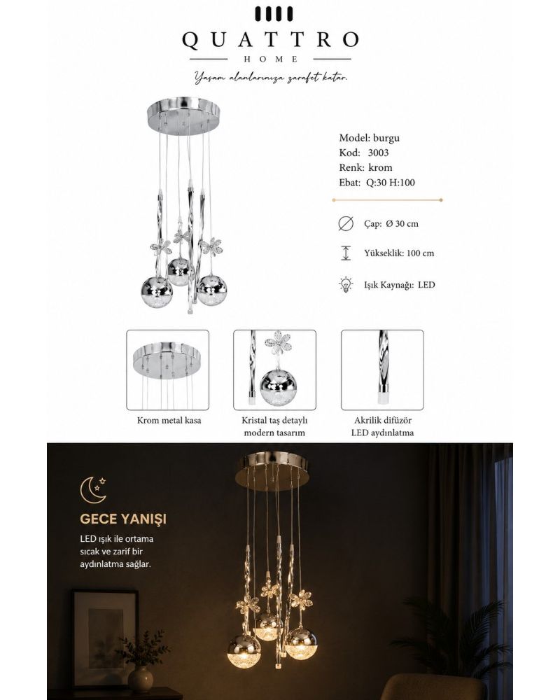 Burgu LED Sarkıt Avize Krom Kristal Taş Detaylı Modern Tasarım 30 cm