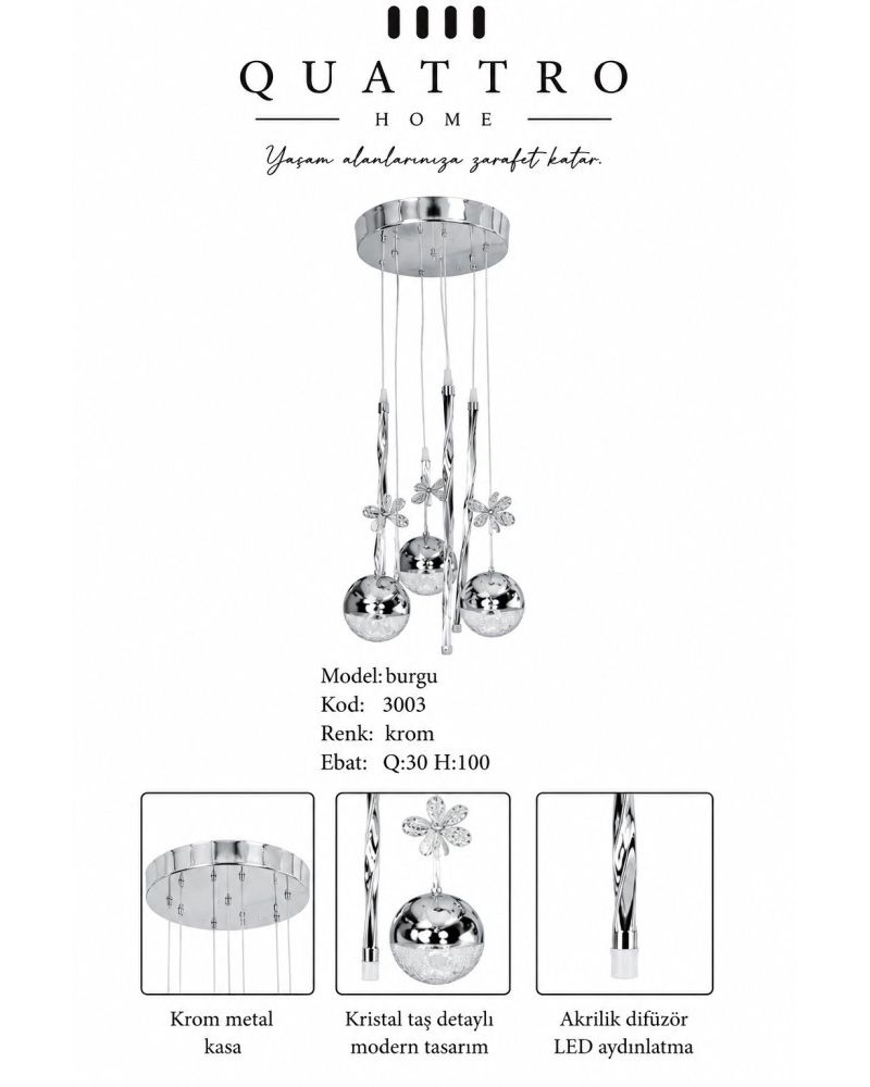Burgu LED Sarkıt Avize Krom Kristal Taş Detaylı Modern Tasarım 30 cm