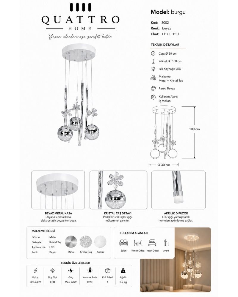 Burgu LED Sarkıt Avize Beyaz Kristal Taş Detaylı Modern Tasarım 30 cm