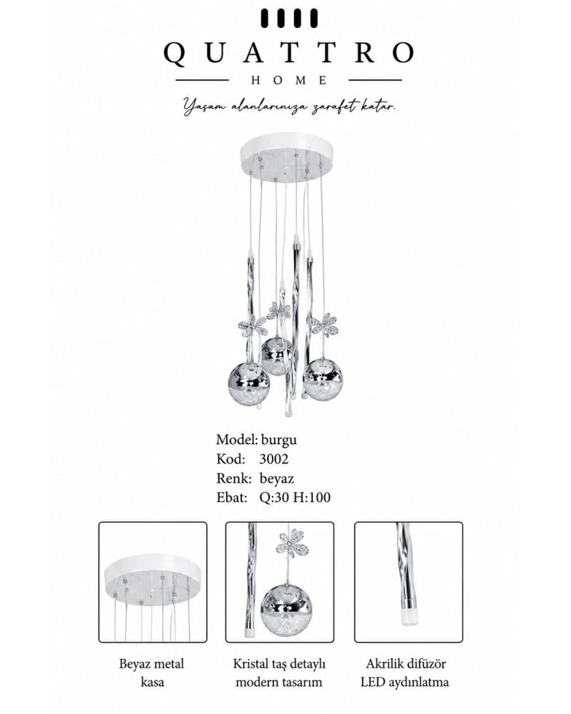 Burgu LED Sarkıt Avize Beyaz Kristal Taş Detaylı Modern Tasarım 30 cm