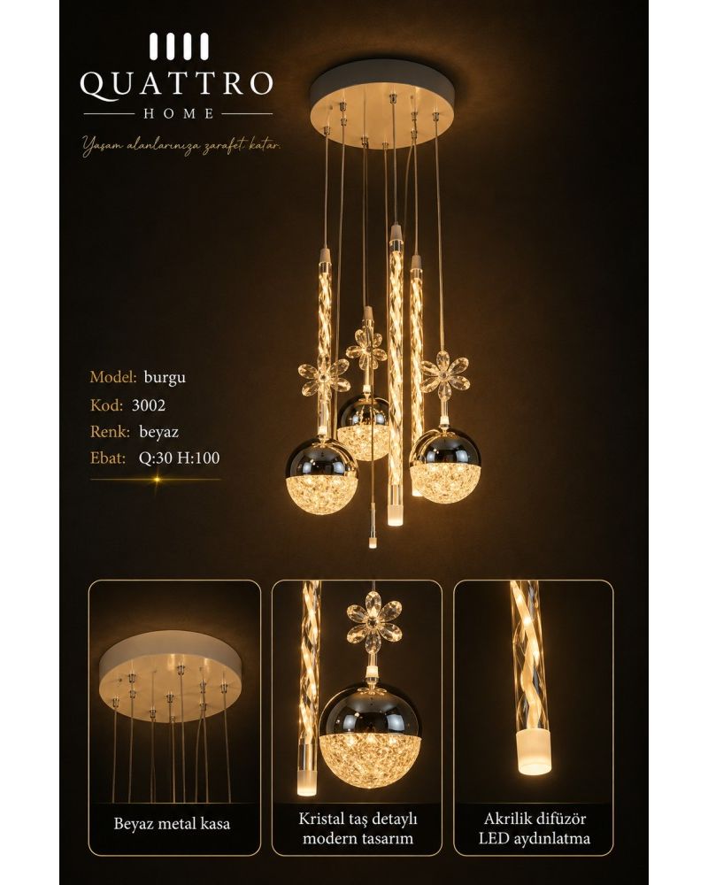 Burgu LED Sarkıt Avize Beyaz Kristal Taş Detaylı Modern Tasarım 30 cm