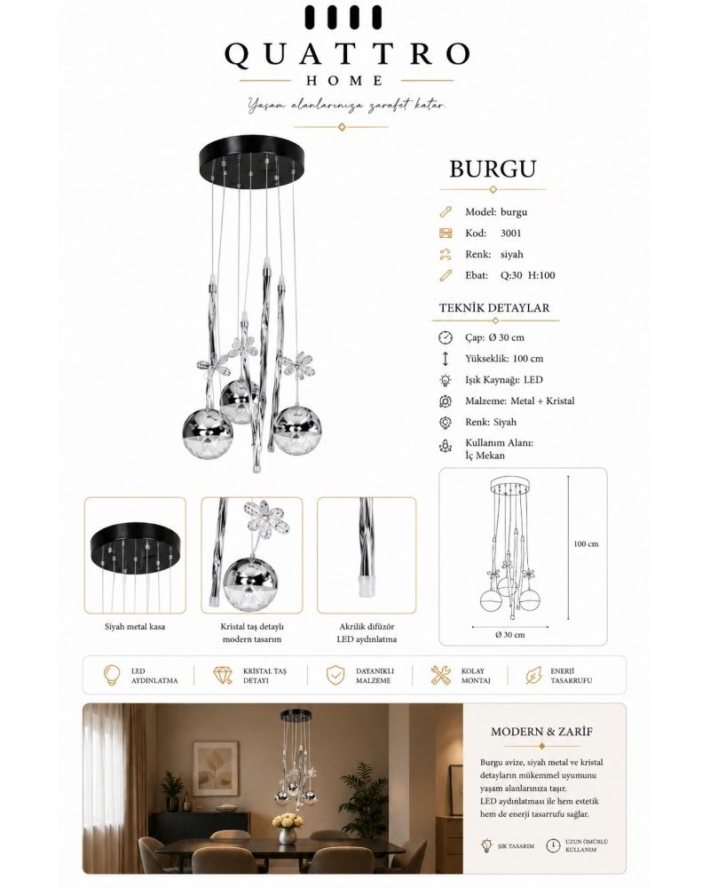 Burgu LED Sarkıt Avize Siyah Kristal Detaylı Modern Tasarım 30 cm