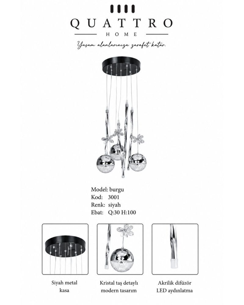 Burgu LED Sarkıt Avize Siyah Kristal Detaylı Modern Tasarım 30 cm