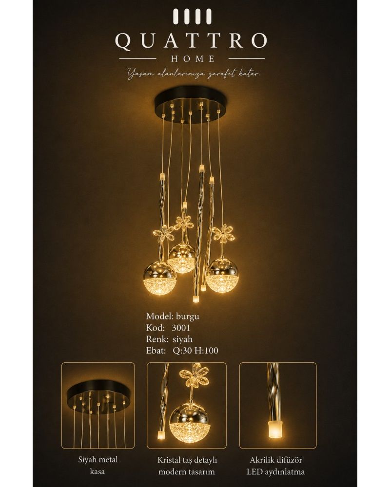 Burgu LED Sarkıt Avize Siyah Kristal Detaylı Modern Tasarım 30 cm