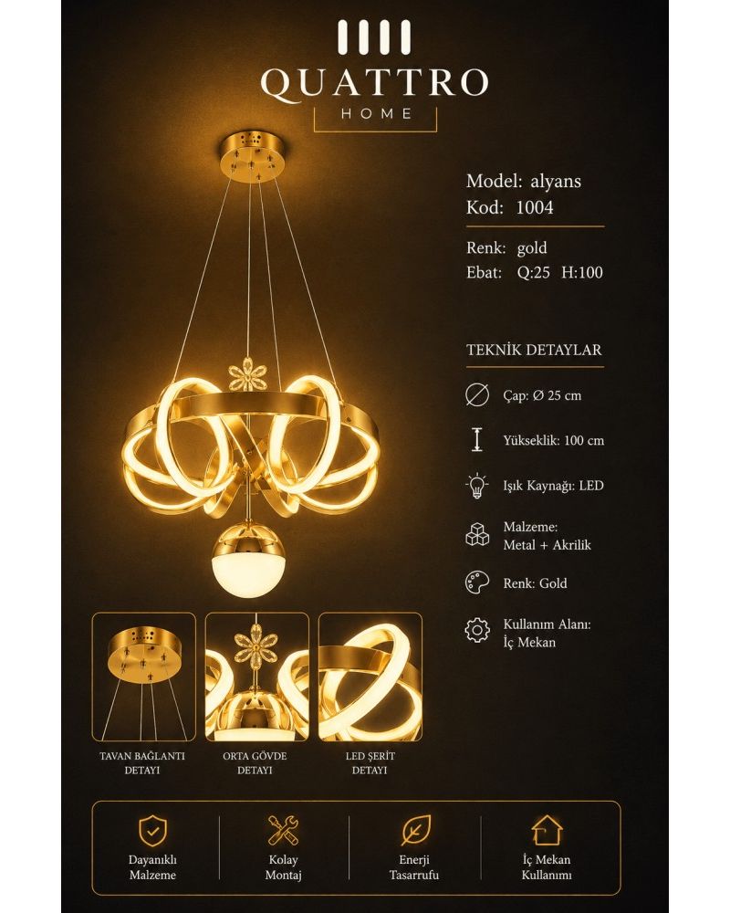 Alyans LED Sarkıt Avize Gold Metal Akrilik Modern Tasarım 25 cm