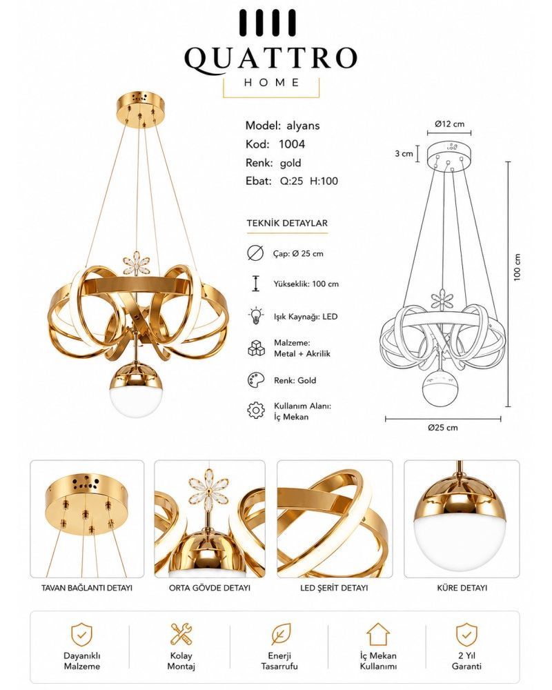 Alyans LED Sarkıt Avize Gold Metal Akrilik Modern Tasarım 25 cm