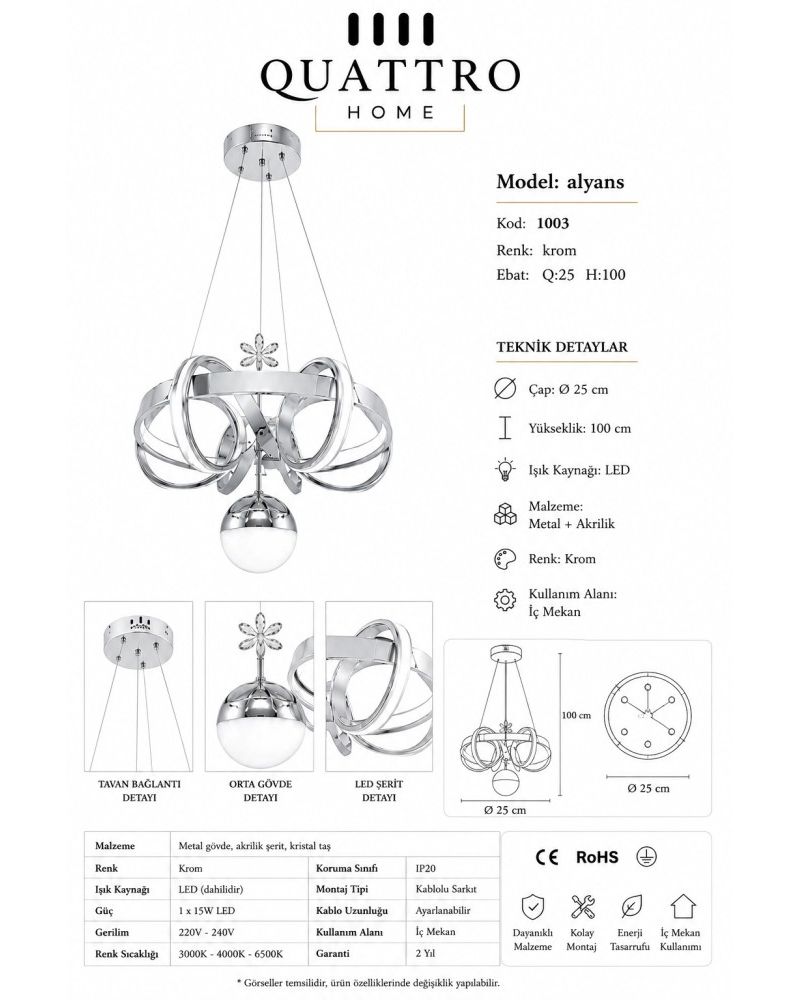 Alyans LED Sarkıt Avize Krom Metal Akrilik Kristal Detaylı 25 cm