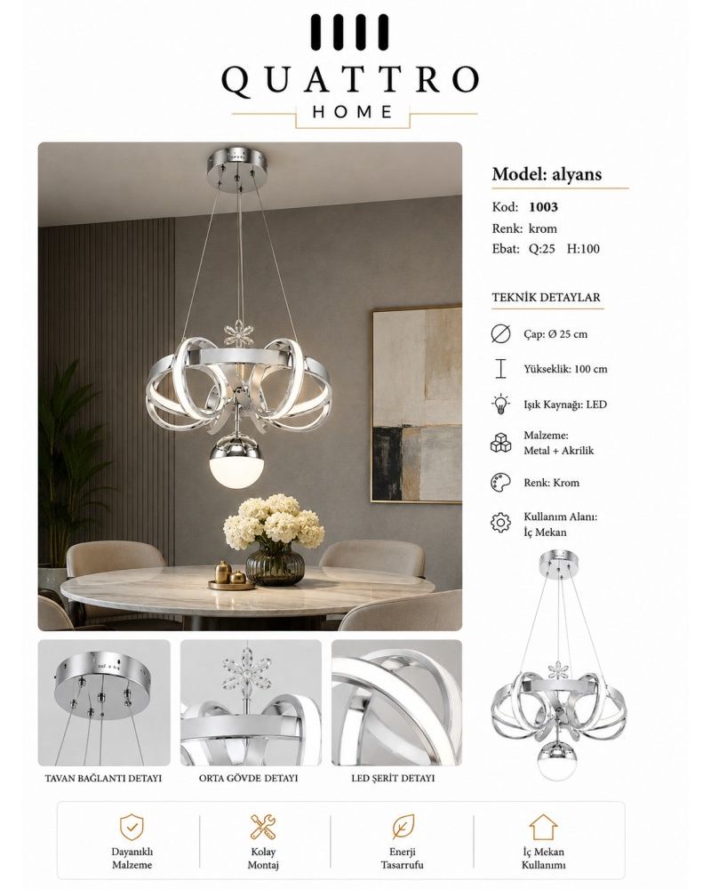 Alyans LED Sarkıt Avize Krom Metal Akrilik Kristal Detaylı 25 cm