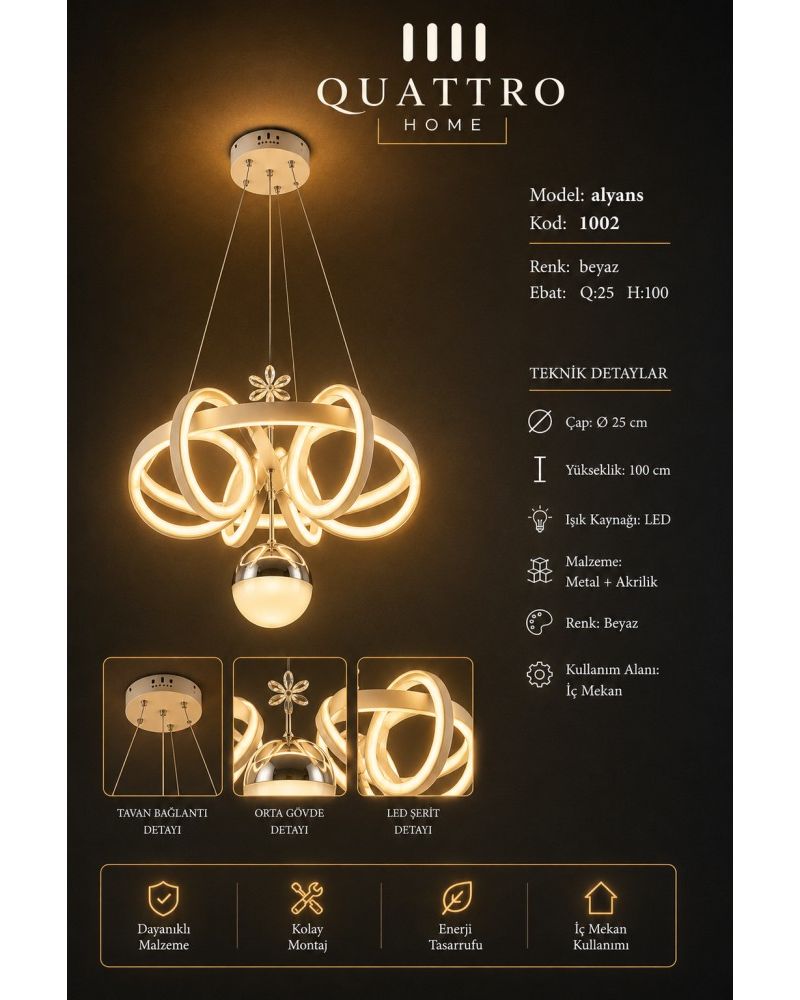 Alyans LED Sarkıt Avize Beyaz Metal Akrilik Modern Tasarım 25 cm