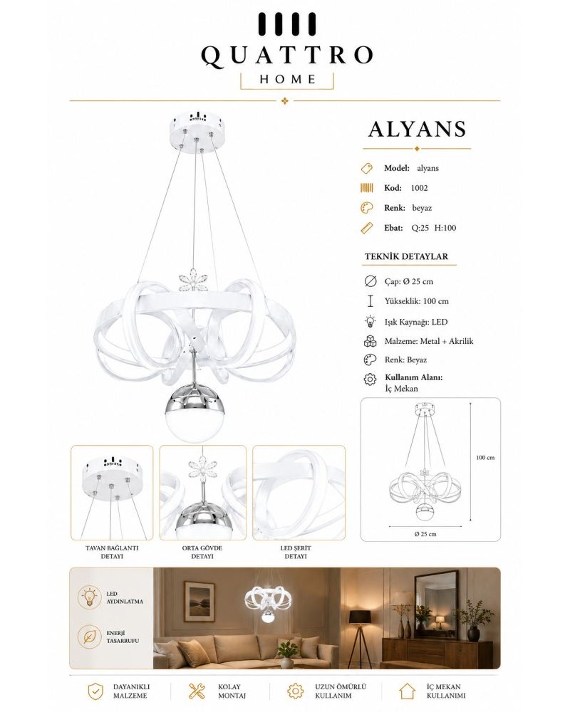 Alyans LED Sarkıt Avize Beyaz Metal Akrilik Modern Tasarım 25 cm