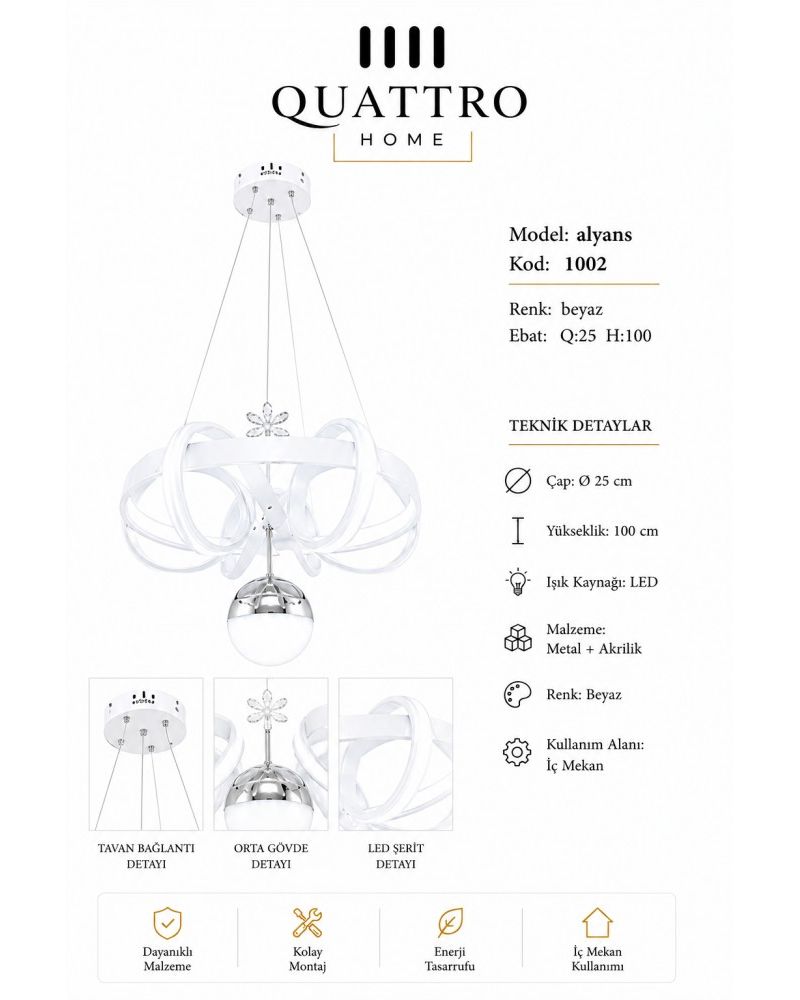 Alyans LED Sarkıt Avize Beyaz Metal Akrilik Modern Tasarım 25 cm