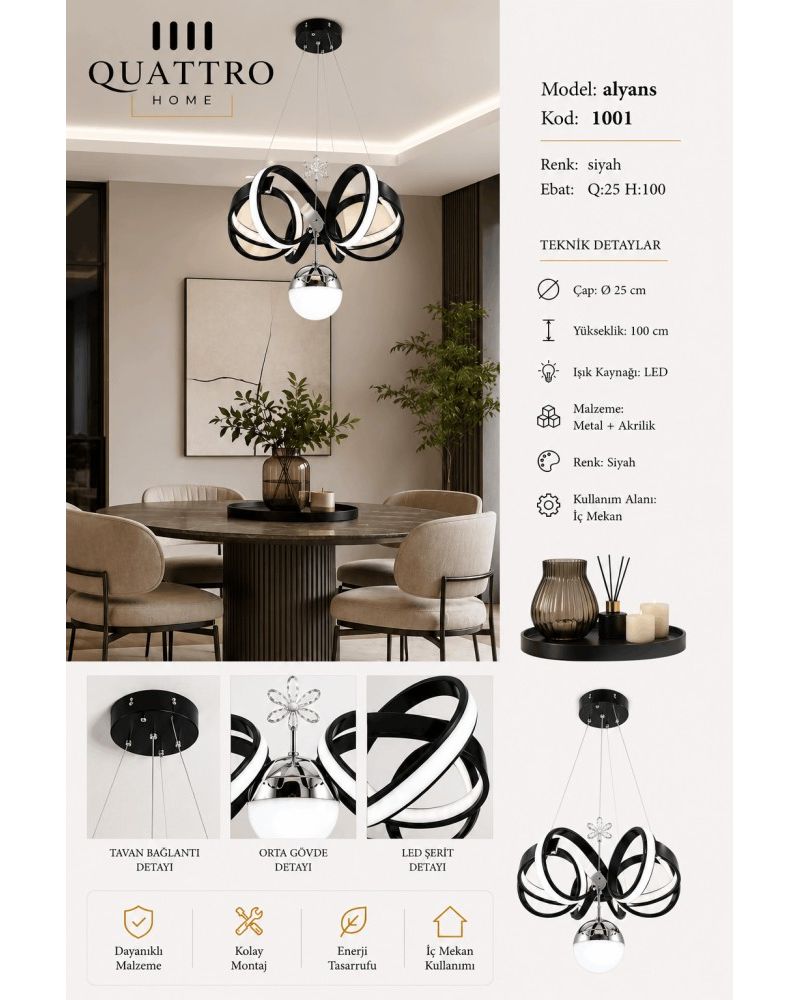 Alyans LED Sarkıt Avize Siyah Metal Akrilik Modern Tasarım 25 cm