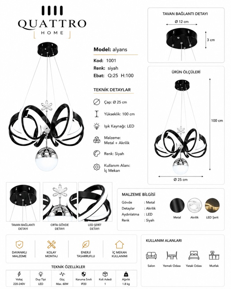 Alyans LED Sarkıt Avize Siyah Metal Akrilik Modern Tasarım 25 cm