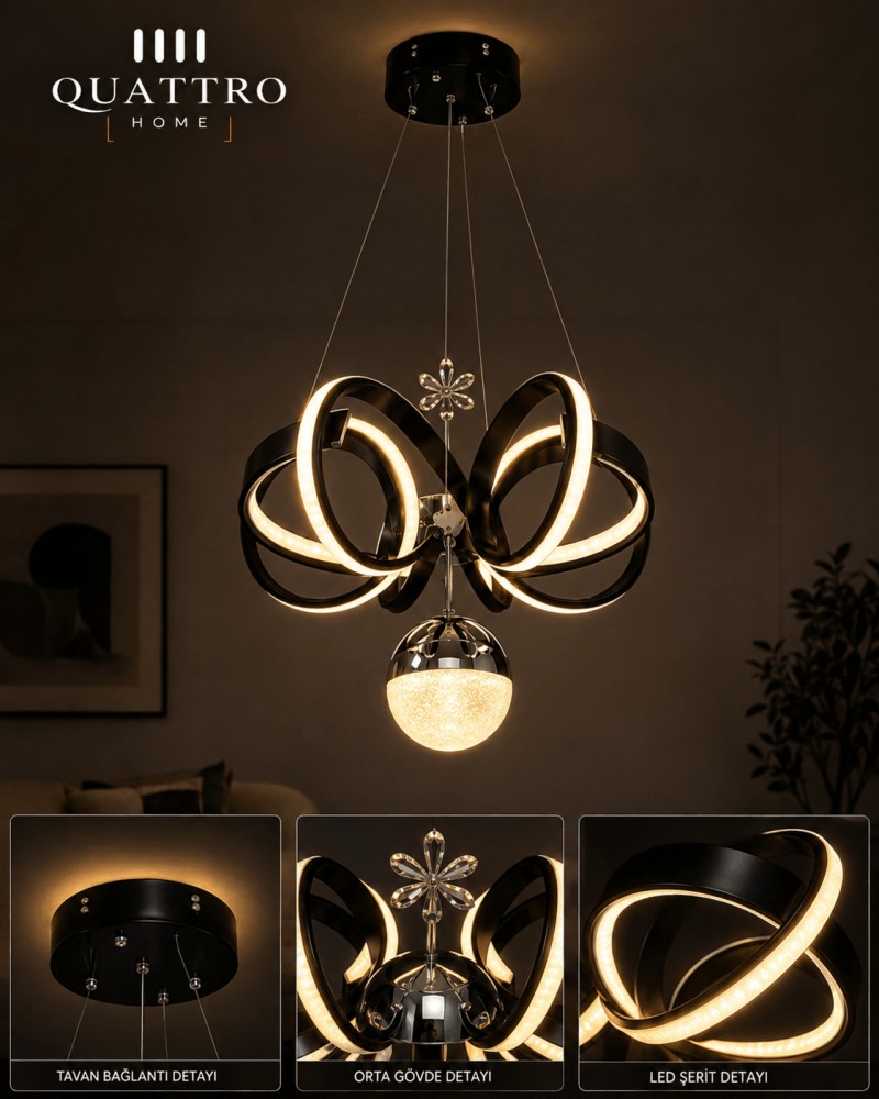 Alyans LED Sarkıt Avize Siyah Metal Akrilik Modern Tasarım 25 cm