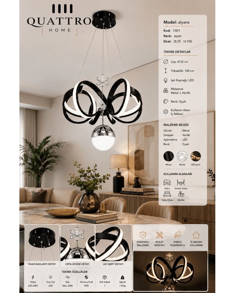 Alyans LED Sarkıt Avize Siyah Metal Akrilik Modern Tasarım 25 cm