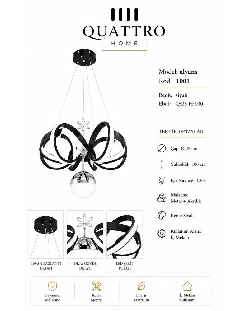 Alyans LED Sarkıt Avize Siyah Metal Akrilik Modern Tasarım 25 cm