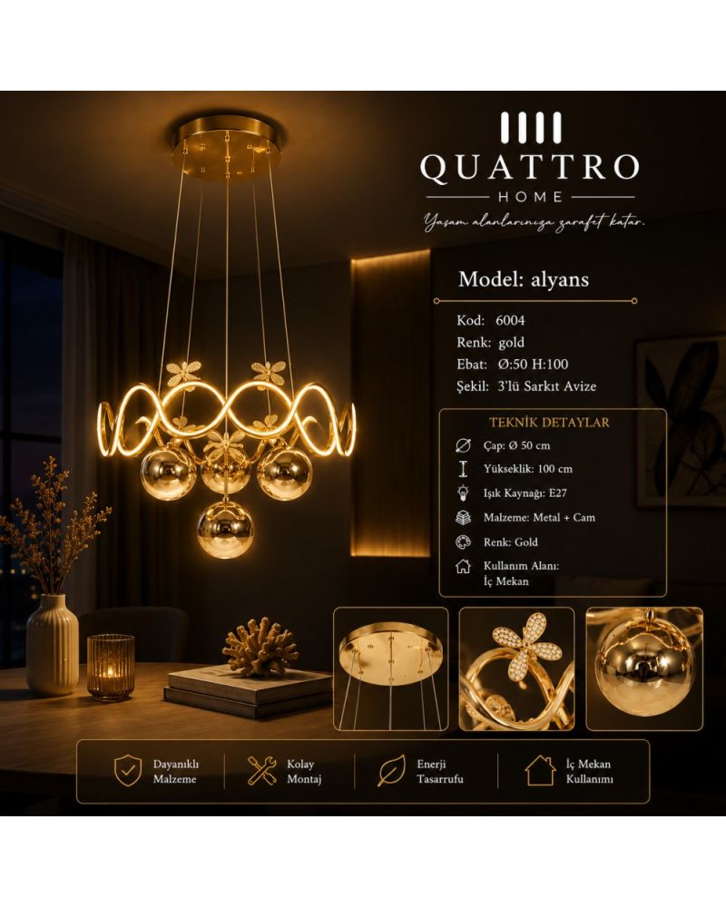 Alyans 3’lü LED Sarkıt Avize Gold Kristal Detaylı Modern Tasarım 50 cm