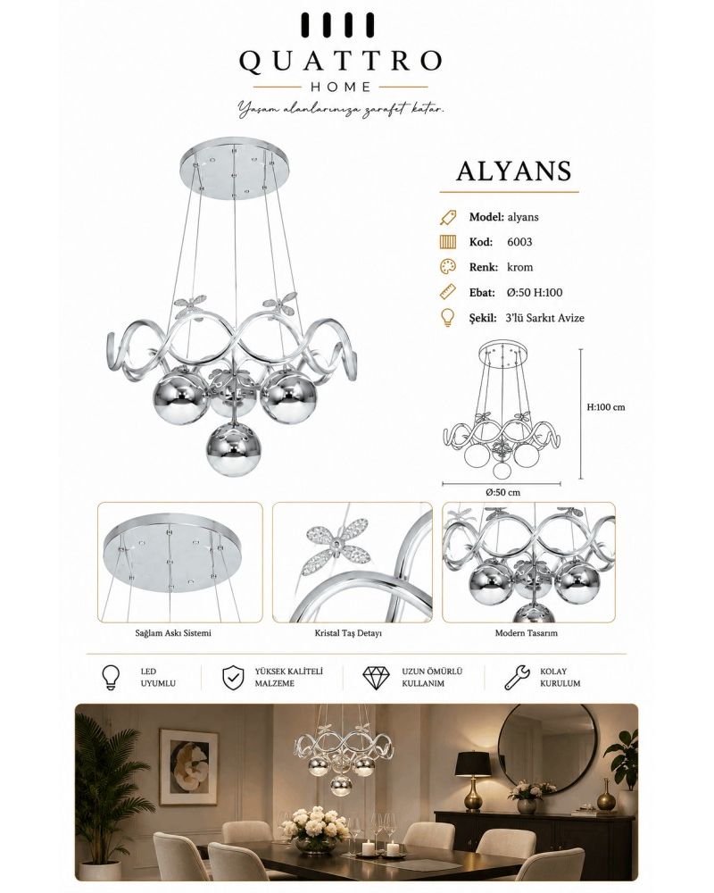 Alyans 3’lü Sarkıt Avize Krom Kristal Taş Detaylı Modern Tasarım 50 cm