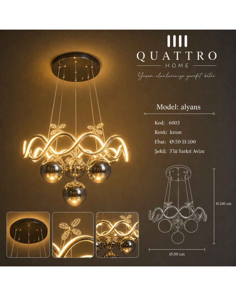Alyans 3’lü Sarkıt Avize Krom Kristal Taş Detaylı Modern Tasarım 50 cm