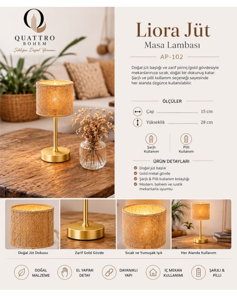 Liora Jüt Masa Lambası Şarjlı & Pilli Gold Metal Gövdeli Bohem Dekoratif Abajur 15x28 cm