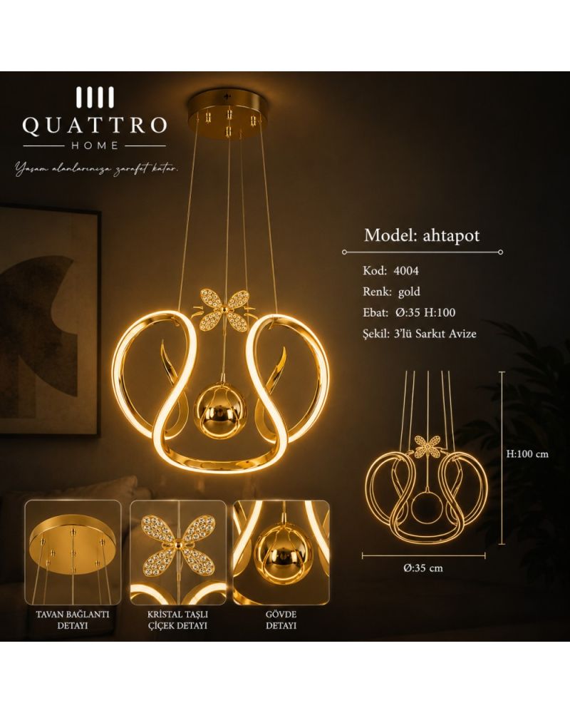 Ahtapot 3’lü LED Sarkıt Avize Gold Kristal Detaylı Modern Tasarım 35 cm