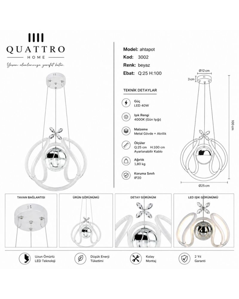 Ahtapot LED Sarkıt Avize Beyaz Akrilik Modern Dekoratif 25 cm 40W