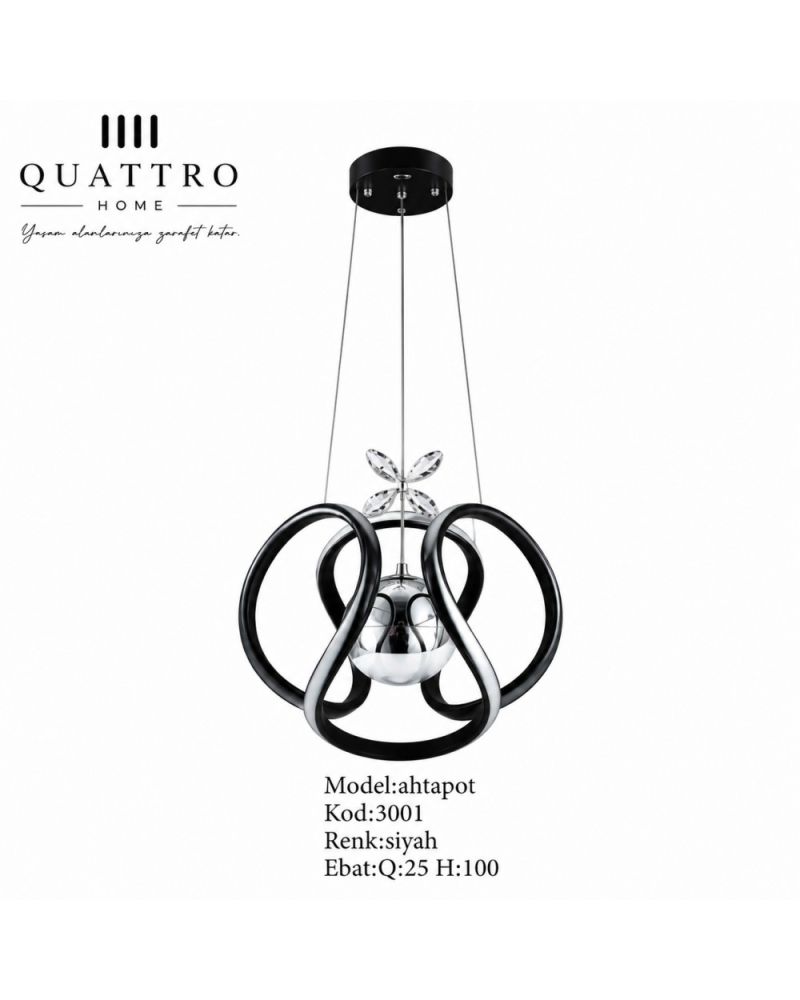 Ahtapot LED Sarkıt Avize Siyah Kristal Detaylı Modern Tasarım 25 cm