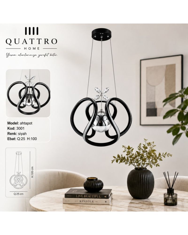 Ahtapot LED Sarkıt Avize Siyah Kristal Detaylı Modern Tasarım 25 cm