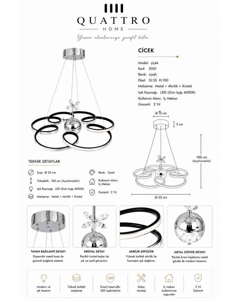 Çiçek Kristal Detaylı LED Sarkıt Avize Siyah 4000K Ø55 cm