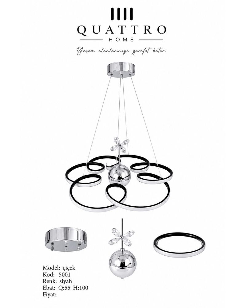 Çiçek Kristal Detaylı LED Sarkıt Avize Siyah 4000K Ø55 cm