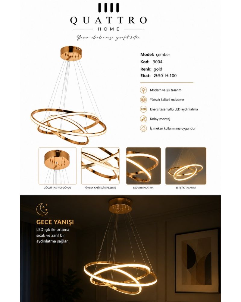 Çember Çapraz Halkalı LED Sarkıt Avize Gold 60W Ø50 cm