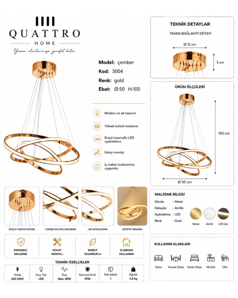 Çember Çapraz Halkalı LED Sarkıt Avize Gold 60W Ø50 cm